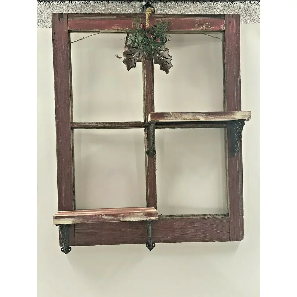 Vintage Red Barn Wood 4 Pane Window Wall Shelf Christmas Hollyberry Shadow Box